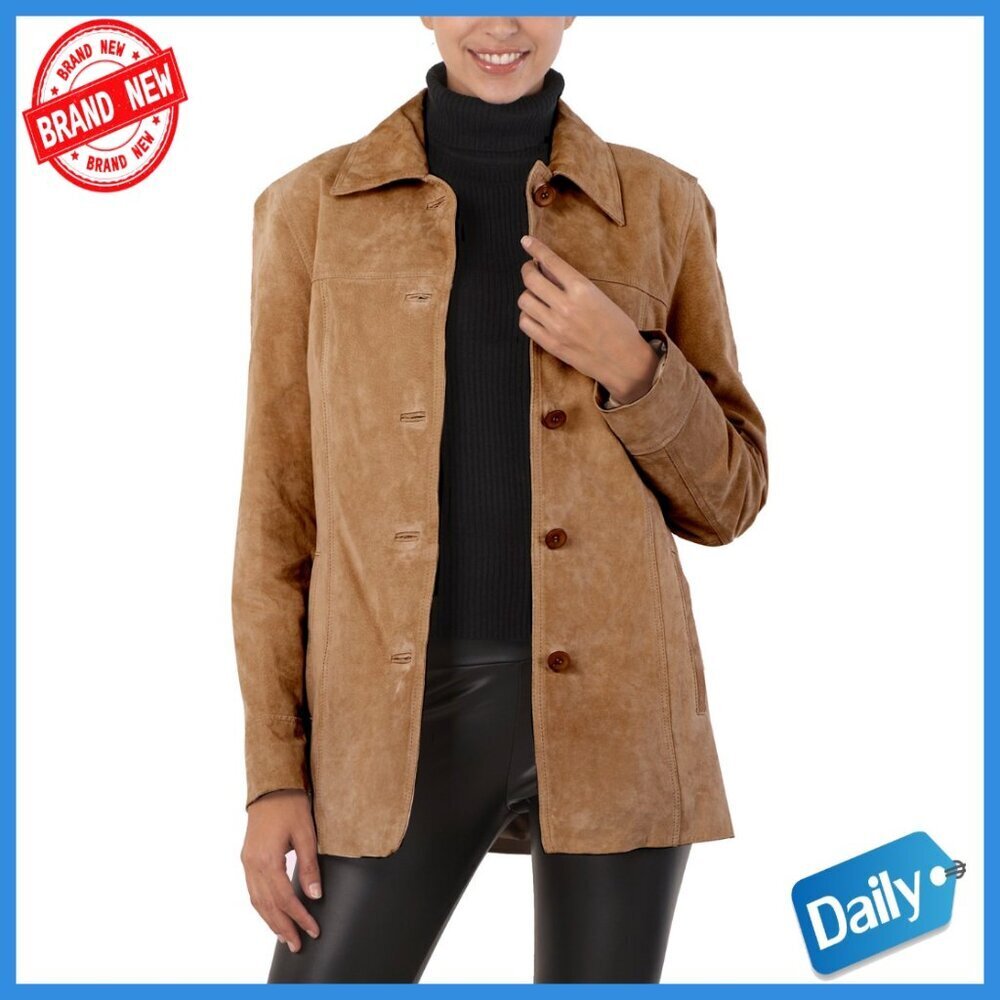 Suede Leather Car Coat Long Sleeve Overcoat Button Closure Classic Fit